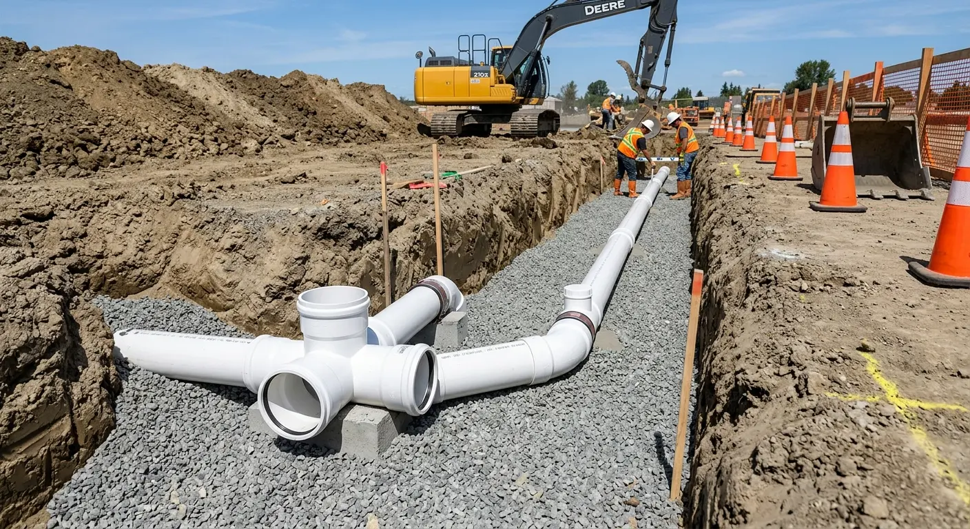New PVC sewer pipe installation in open trench for Grease Trap Cleaning in Royal Kunia