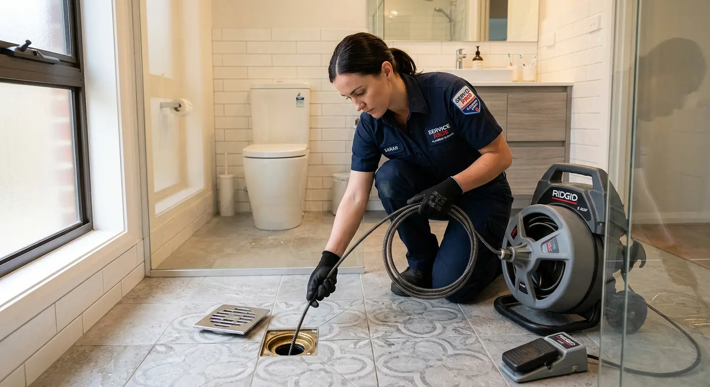 Technician clearing a bathroom floor drain for Clogged Drain Repair in Royal Kunia